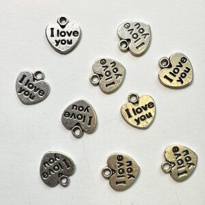 Antique Silver Tone "I Love You" 10 Heart Charms